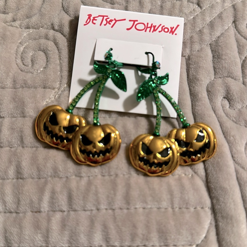 Betsy Johnson Pumpkin Cherry Dangle Earrings Halloween